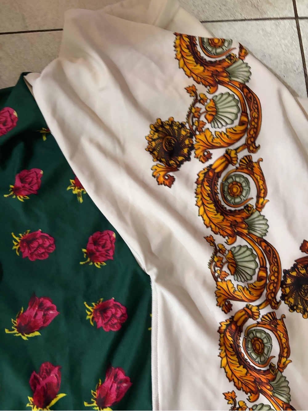 TOGA Archives Baroque Floral Mixed-Panel Scarf in Green, Cream, Pink, Gold